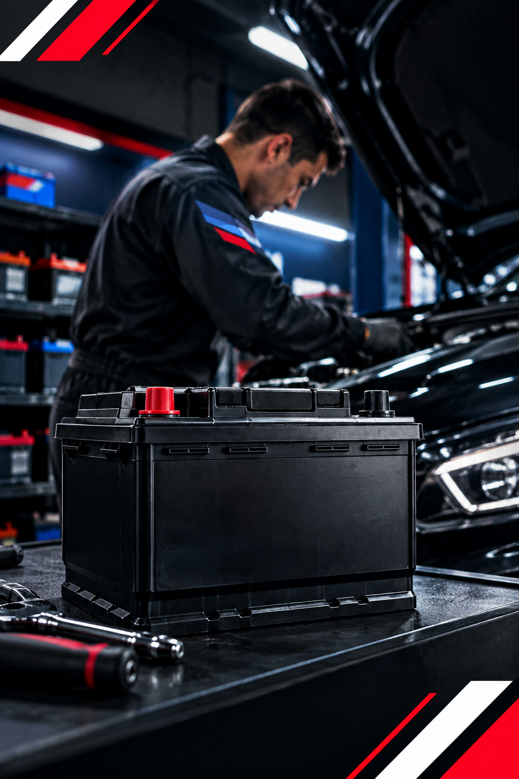 Técnico realizando test de carga a la batería de un vehículo